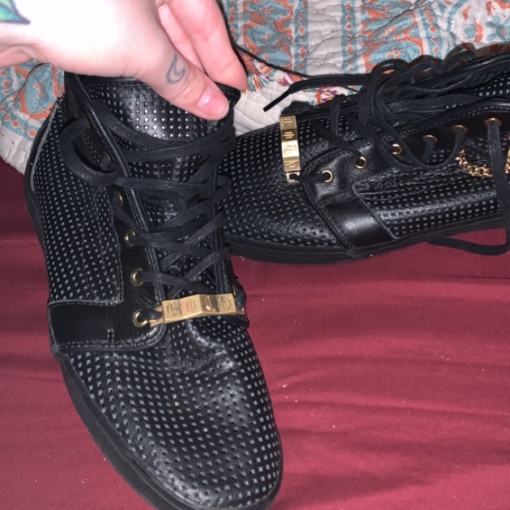 Black leather hi top old skool chain vans